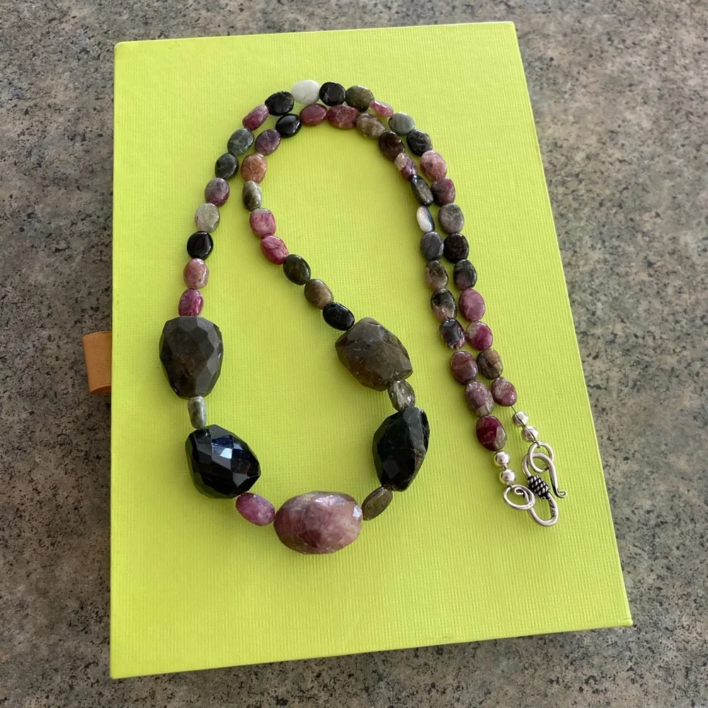 📿 Watermelon Tourmaline Crystal Necklace, 20” Long, EUC